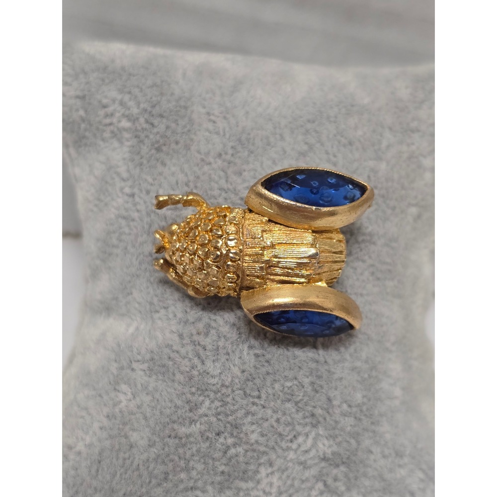 Vintage 1960s Whimsigoth Gold Insect Brooch with Midnight Blue Wings Style Pin